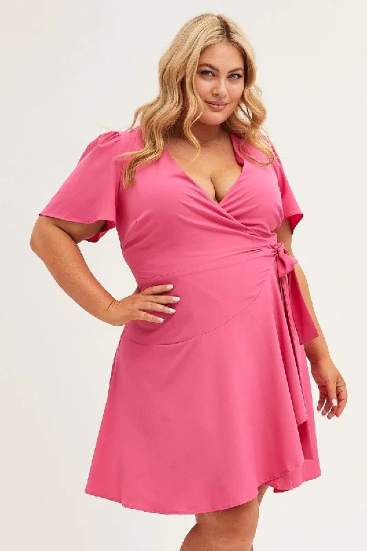Elegant Wrap Dress with Side Slit -Bodycon Wrap Dress -H Pink Wrap Dress Short Sleeve Mini Elegant Wrap Dress with Side Slit -Bodycon Wrap Dress -H Pink Wrap Dress Short Sleeve Mini