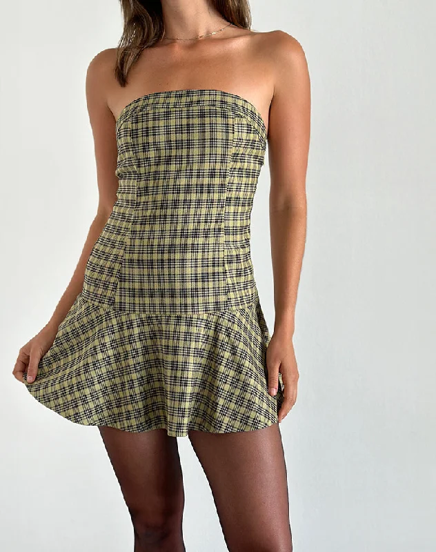 Women's Gathered Waistline Mini Dress-Hadia Bandeau Mini Dress in Check Yellow