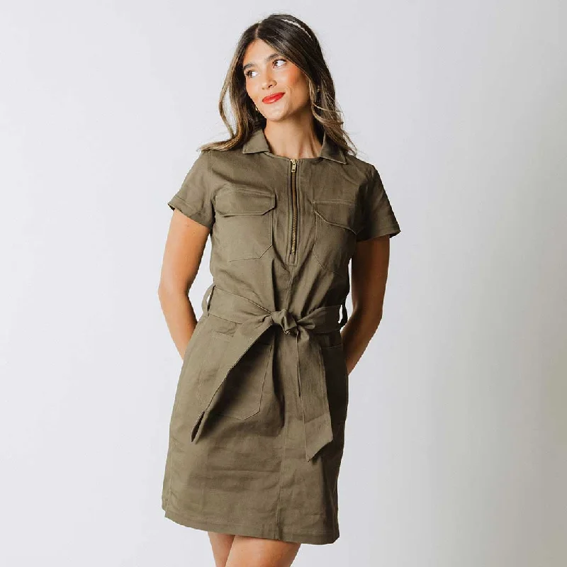 Women's Midi Dress with Spaghetti Straps-Hamptons Dress, Olive Canvas