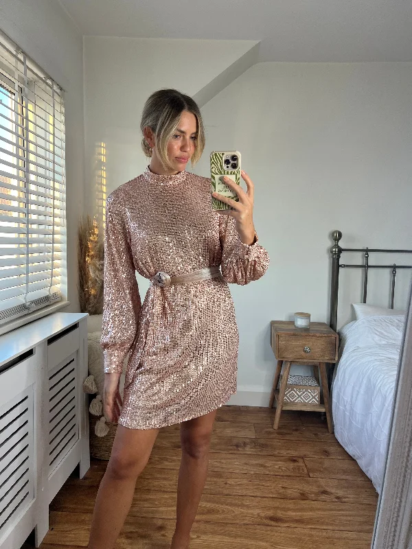Women's Cold-shoulder Lace Mini Dress-Hannah Sequin High Neck Mini Dress / Rose Gold Women's Cold-shoulder Lace Mini Dress-Hannah Sequin High Neck Mini Dress / Rose Gold