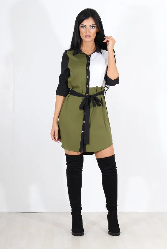 Casual High-neck Shirt Dress-Harper Khaki Panel Shirt Dress