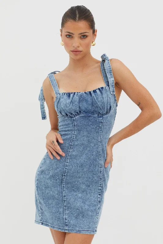 Women's Casual Pleated Mini Dress-Harrison Tied Shoulder Mini Dress Denim Blue
