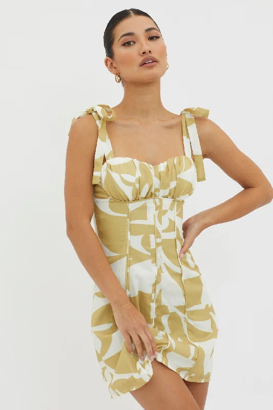Women's Pastel Mini Dress-Harrison Tied Shoulder Mini Dress Print Yellow