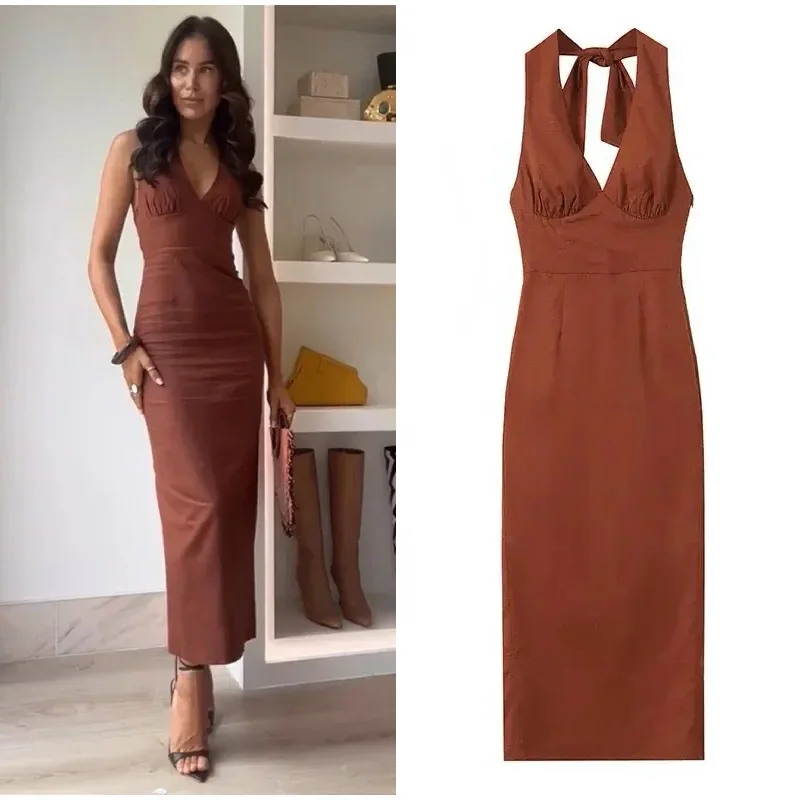 Casual White Bodycon Dress -Harry Bodycon Midi Dress in Brown