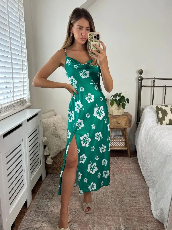 Satin Slip Dress with Matching Robe -Silk Satin Slip Dress with Sheer Lace -Havana Cowl Neck Slip Dress / Green Hibiscus
