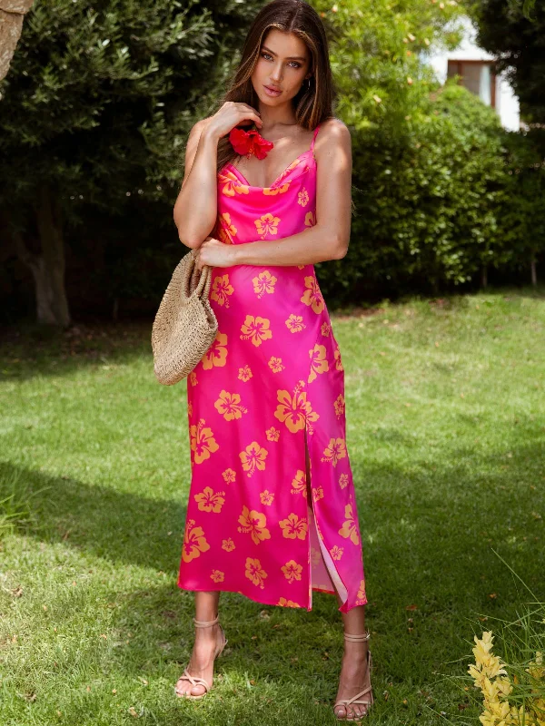 Sexy Slip Dress for Evening Wear -Sexy Satin Red Slip Dress for Casual Wear -Havana Cowl Neck Slip Dress / Pink Hibiscus