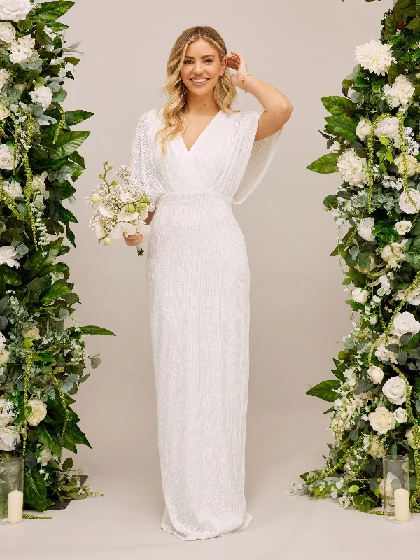 Women's High Waistline Maxi Dress-Angel Sleeve Sequin Maxi Bridal Dress / White Sequin