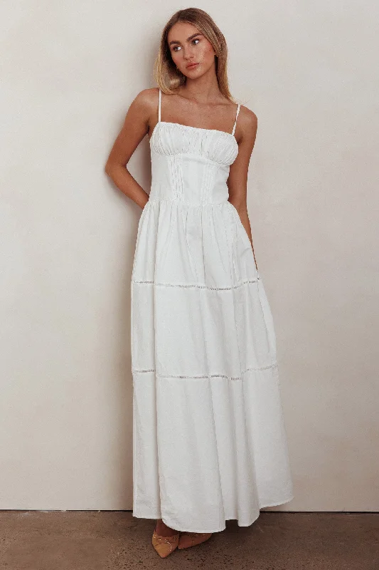 Women's Casual Long Sleeve Maxi Dress-Heavenly Glow Gathered Bust A-Line Maxi Dress Off White