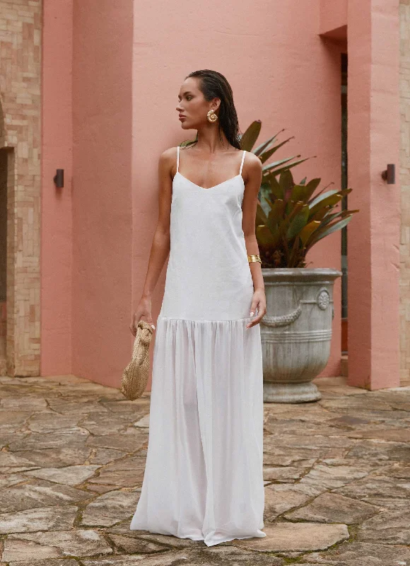 Women's One-shoulder Boho Maxi Dress-Heavenly Linen Maxi Dress - White