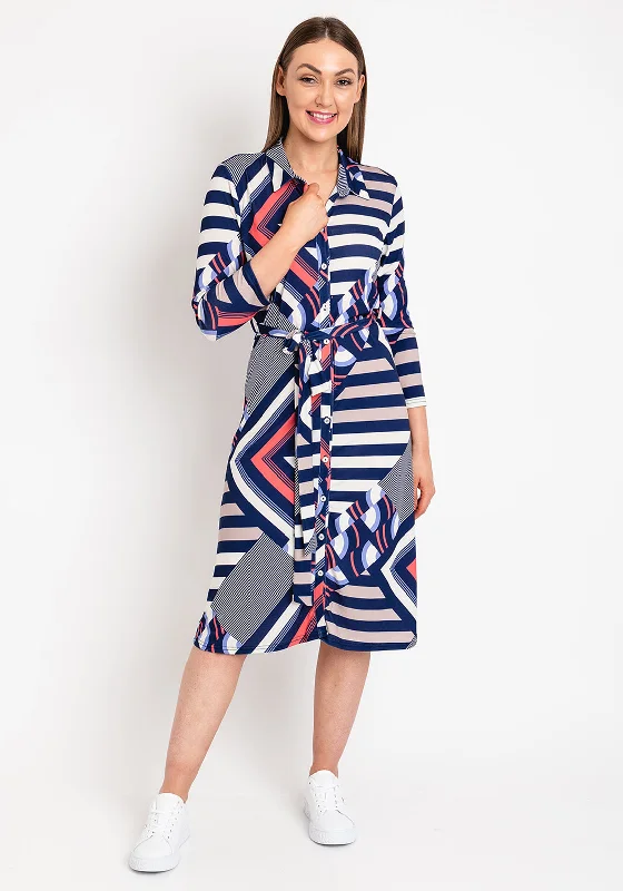 Women's Casual Off-shoulder Shirt Dress-Anonymous Patterned Midi Shirt Dress, Navy Multi