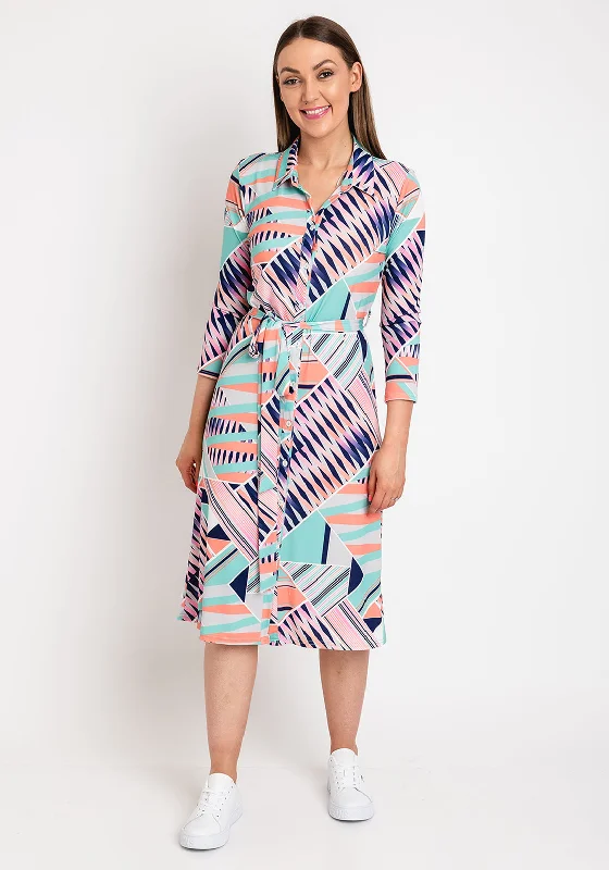 Boho Button-down Shirt Dress-Anonymous Patterned Midi Shirt Dress, Mint Multi