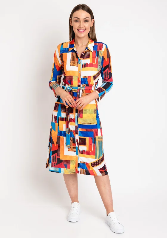 Women's Belted Check Shirt Dress-Anonymous Patterned Midi Shirt Dress, Orange Multi