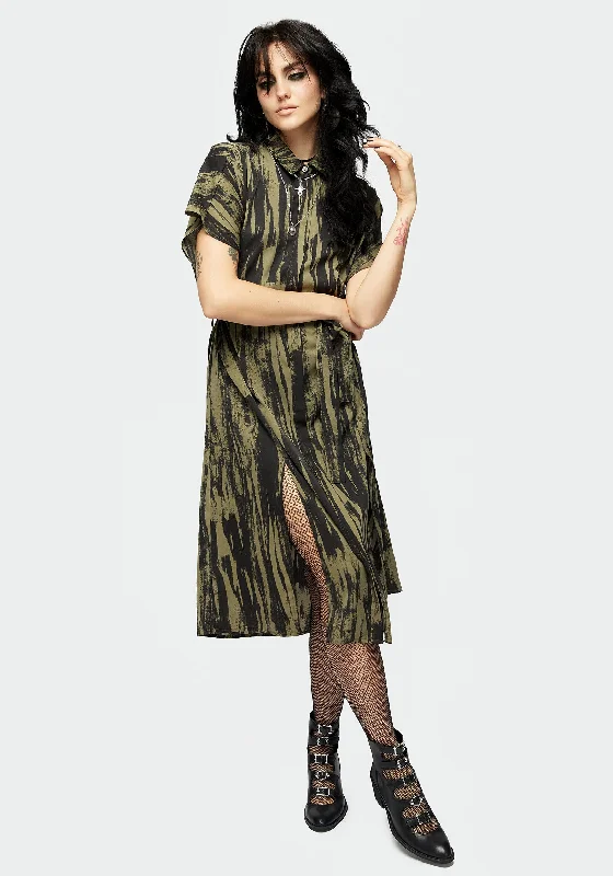 Cotton Printed Shirt Dress-Hegemone Tie Waist Midi Shirt Dress