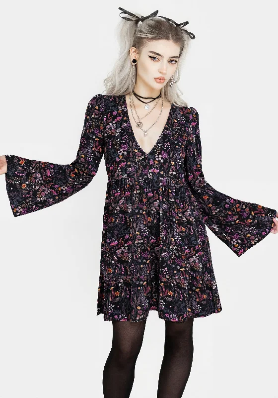 Women's Pleated Collar Mini Dress-Heliotrope Floral Mini Smock Dress