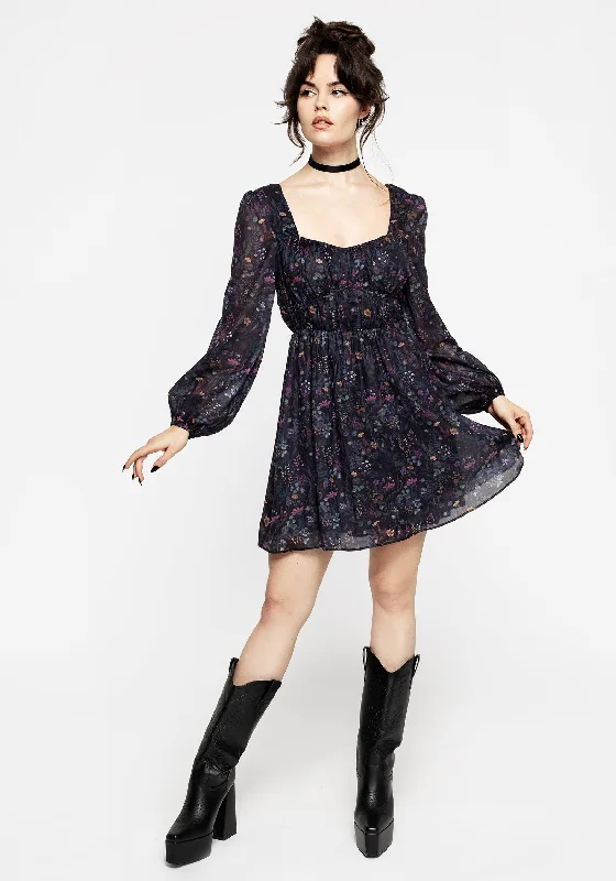 Women's Bandage Mini Dress-Heliotrope Floral Print Chiffon Mini Dress