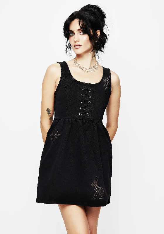 Women's Casual Ribbed Mini Dress-Hester Embroidered Lace Up Corset Mini Dress