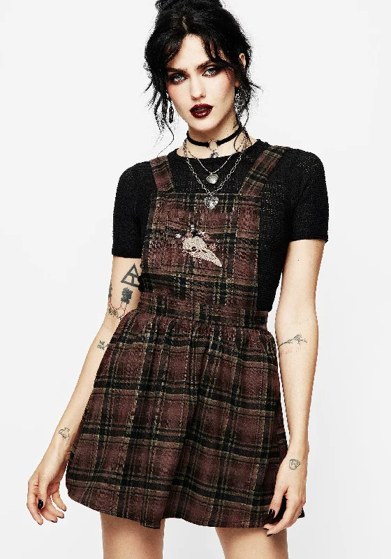 Women's Red Mini Dress-Hickory Embroidered Check Mini Pinafore Dress