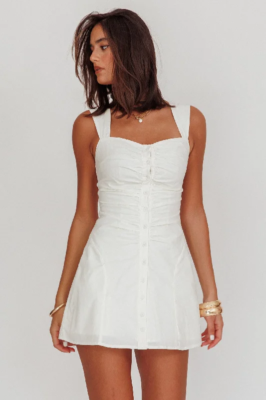 Women's V-neck Mini Dress-High Tide Buttoned Textured Mini Dress White