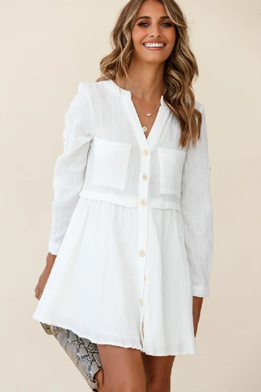 Women's Elegant Shirt Dress-Holly Long Sleeve Double Pocket Shirt Dress White