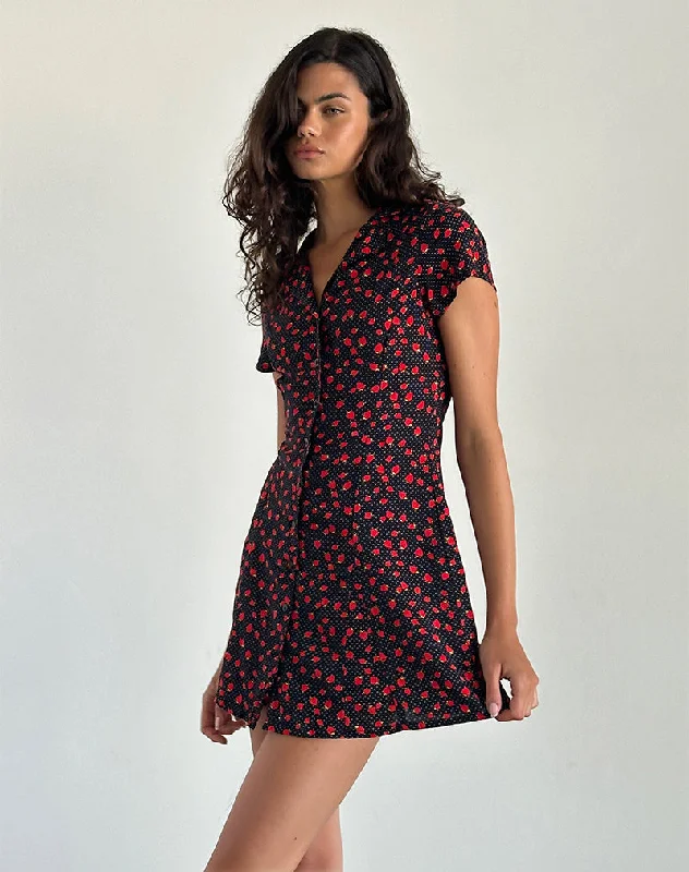 Women's Satin Floral Mini Dress-Holmana Mini Dress in Strawberry Polka Black