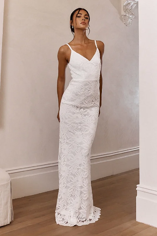 Women's Solid Color Maxi Dress-Honey Blossom Keyhole Back Lace Maxi Dress White