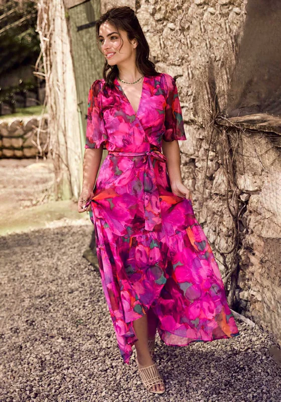 Chic Wrap Dress with Empire Waist -Off-shoulder Wrap Dress for Summer -Hope & Ivy Corinne Flutter Sleeve Maxi Wrap Dress, Bright Pink Chic Wrap Dress with Empire Waist -Off-shoulder Wrap Dress for Summer -Hope & Ivy Corinne Flutter Sleeve Maxi Wrap Dress, Bright Pink