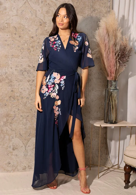 Floral Wrap Dress for Summer BBQ -Sexy Wrap Dress -Hope & Ivy Gisela Embroidered Flutter Sleeve Maxi Wrap Dress, Navy Floral Wrap Dress for Summer BBQ -Sexy Wrap Dress -Hope & Ivy Gisela Embroidered Flutter Sleeve Maxi Wrap Dress, Navy