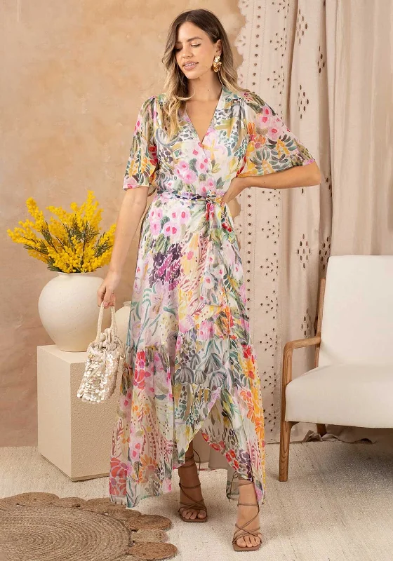 Red Wrap Dress with Deep V-neckline -Wrap Dress with Cross Front -Hope & Ivy Julia Flutter Sleeve Maxi Wrap Dress, Floral Multi
