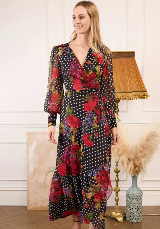 Satin Wrap Dress for Party -Sexy Black Wrap Dress -Hope & Ivy Moni Floral Dot Long Wrap Dress, Black Satin Wrap Dress for Party -Sexy Black Wrap Dress -Hope & Ivy Moni Floral Dot Long Wrap Dress, Black