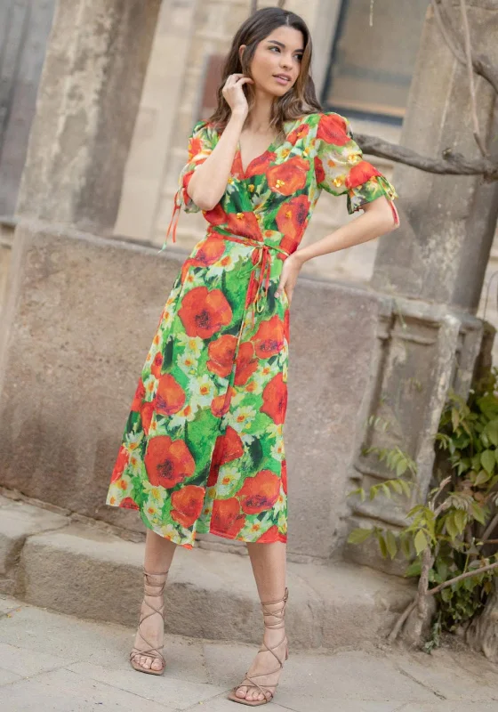 Wrap Dress with Scalloped Edging -Wrap Dress with Floral Lace -Hope & Ivy The Poppy Wrap Dress, Red & Green Wrap Dress with Scalloped Edging -Wrap Dress with Floral Lace -Hope & Ivy The Poppy Wrap Dress, Red & Green