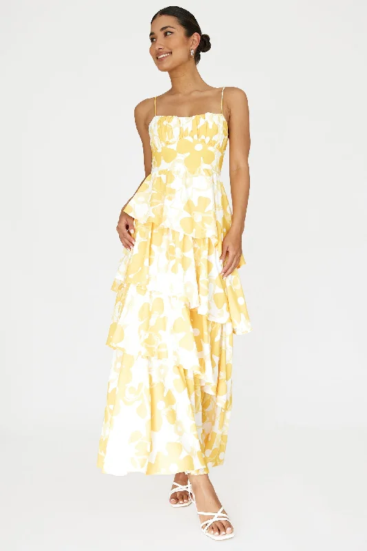 Women's White Floral Maxi Dress-Hopeful Tiered Layered Maxi Dress Yellow