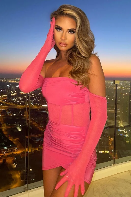 Women's Green Mini Dress-Hot Pink Mesh Gloves Corset Mini Dress - Juliette