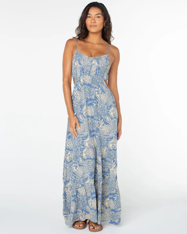 Women's Frill Maxi Dress-Hot Tropics Maxi Dress - Infinity Blue Lotus Batik
