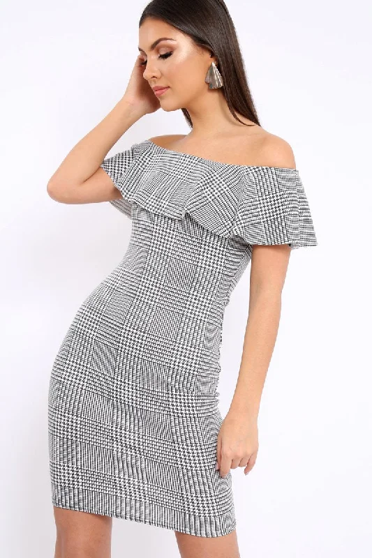 Bodycon Dress with Sparkle -Houndstooth Bardot Ruffle Bodycon Dress - Adrina