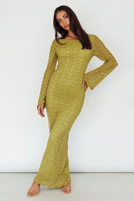 Women's Colorful Ruffle Maxi Dress-Hyland Open Back Crochet Maxi Dress Olive