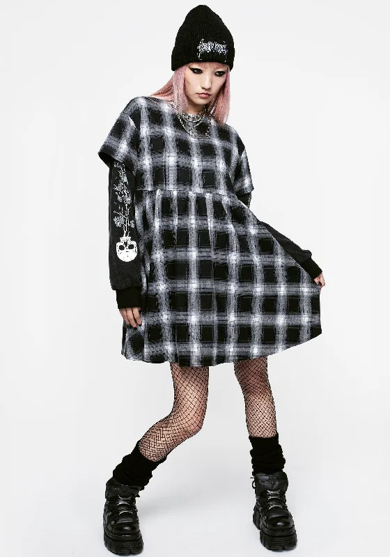 Women's Mini Dress with Belt-Hypnos Layered Sleeve Check Mini Smock Dress