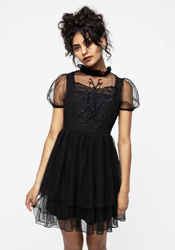 Women's Halter Neck Ruffle Mini Dress-Hysteria Butterfly Applique Frill Neck Tulle Mini Dress