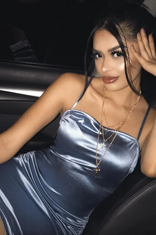 Bodycon Dress with Cowl Neck -Ice Blue Satin Ruched Bodycon Dress - Aara