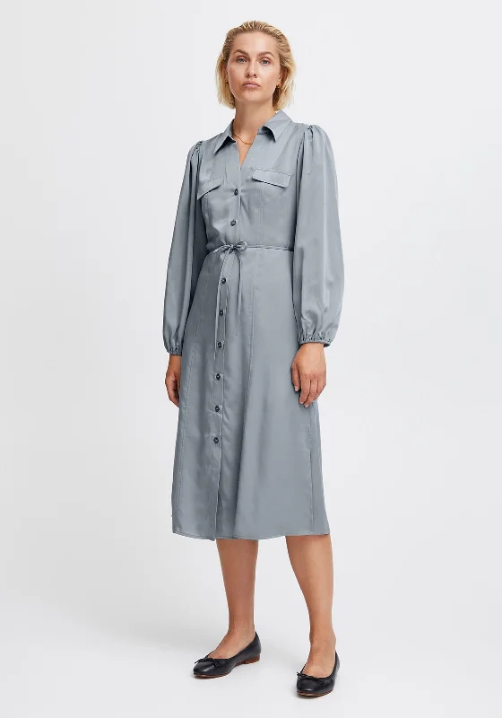 Midi-length Shirt Dress-Ichi Donna Midi Shirt Dress, Grey Blue