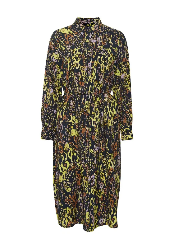 Dress Shirt Dress-Ichi Belted Waist Floral Midi Shirt Dress, Total Eclipse