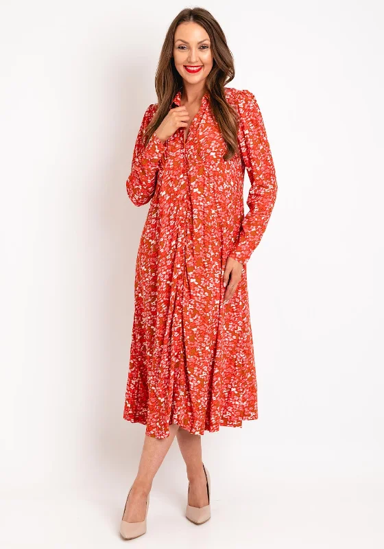 Plain Shirt Dress-Ichi Petal Print A-line Midi Shirt Dress, Orange