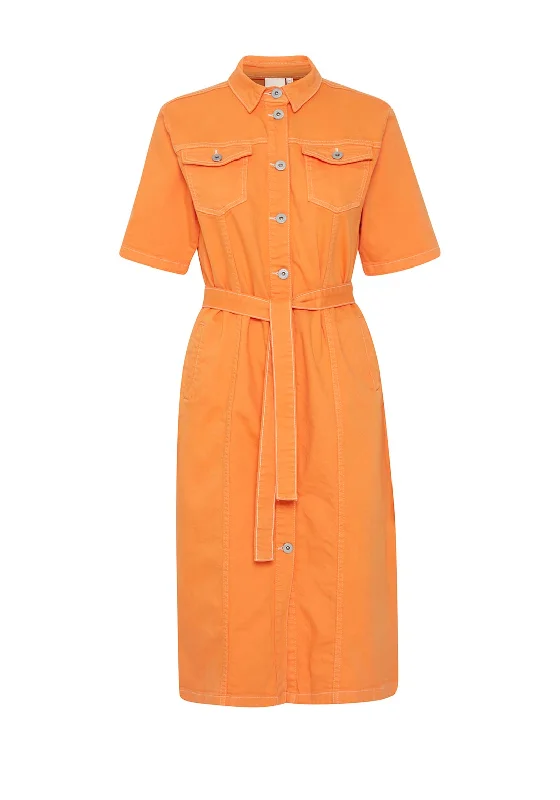 Classic Long-sleeve Shirt Dress-Ichi Cenny Denim Midi Shirt Dress, Persimmon Orange Classic Long-sleeve Shirt Dress-Ichi Cenny Denim Midi Shirt Dress, Persimmon Orange