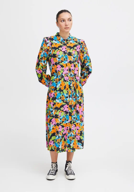Women's Comfortable Cotton Shirt Dress-Ichi Ganava Vibrant Floral Midi Shirt Dress, Multi Women's Comfortable Cotton Shirt Dress-Ichi Ganava Vibrant Floral Midi Shirt Dress, Multi