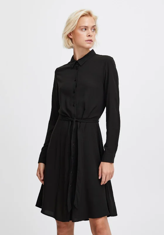 Belted Plaid Shirt Dress-Ichi Main Belted Waist Mini Shirt Dress, Black