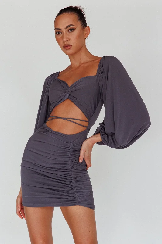 Women's Sleeveless Lace Trim Mini Dress-In Luck Cut-Out Waist Ruched Mini Dress Charcoal Women's Sleeveless Lace Trim Mini Dress-In Luck Cut-Out Waist Ruched Mini Dress Charcoal