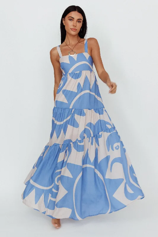 Women's Blue Floral Maxi Dress-Indianna Square Neckline Maxi Dress Printed Lilac/Sand
