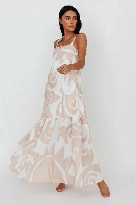 Women's Draped Sleeve Maxi Dress-Indianna Square Neckline Maxi Dress Printed Sand/White