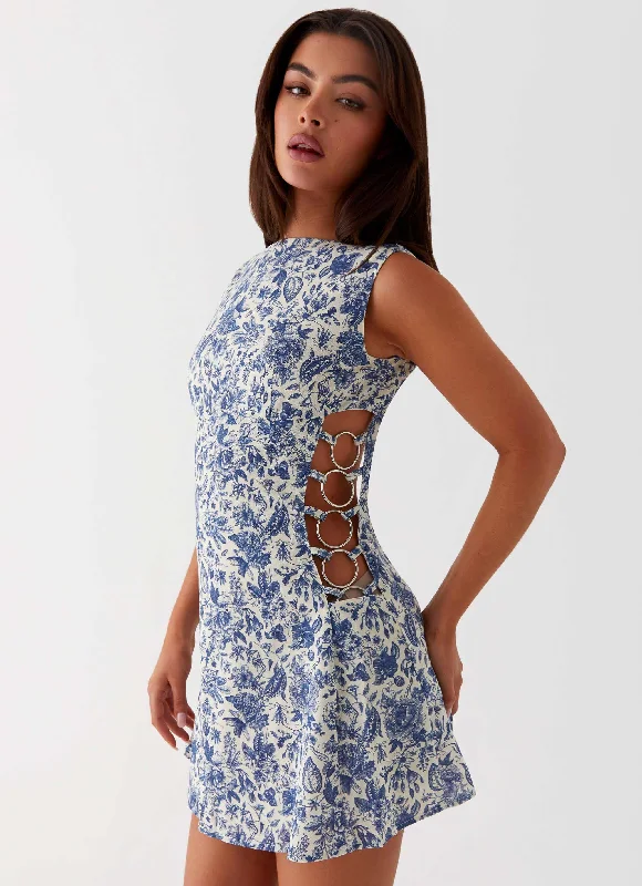 Women's Square Neck Mini Dress-Indigo Bloom Linen Mini Dress - Blue Paisley