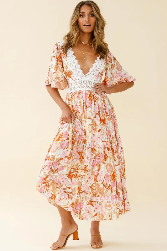 Women's Wool Maxi Dress-Indio Crochet Insert Deep V-Neckline Angel Sleeve Maxi Dress Floral Print Pink Women's Wool Maxi Dress-Indio Crochet Insert Deep V-Neckline Angel Sleeve Maxi Dress Floral Print Pink