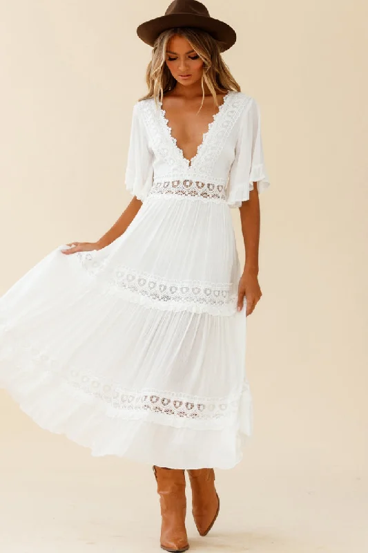Women's Summer Floral Maxi Dress-Indio Crochet Insert Deep V-Neckline Angel Sleeve Maxi Dress White